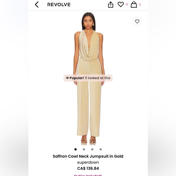 Saffron Cowl Neck Jumpsuit in Gold - XS Revolve - Picture 2 of 5